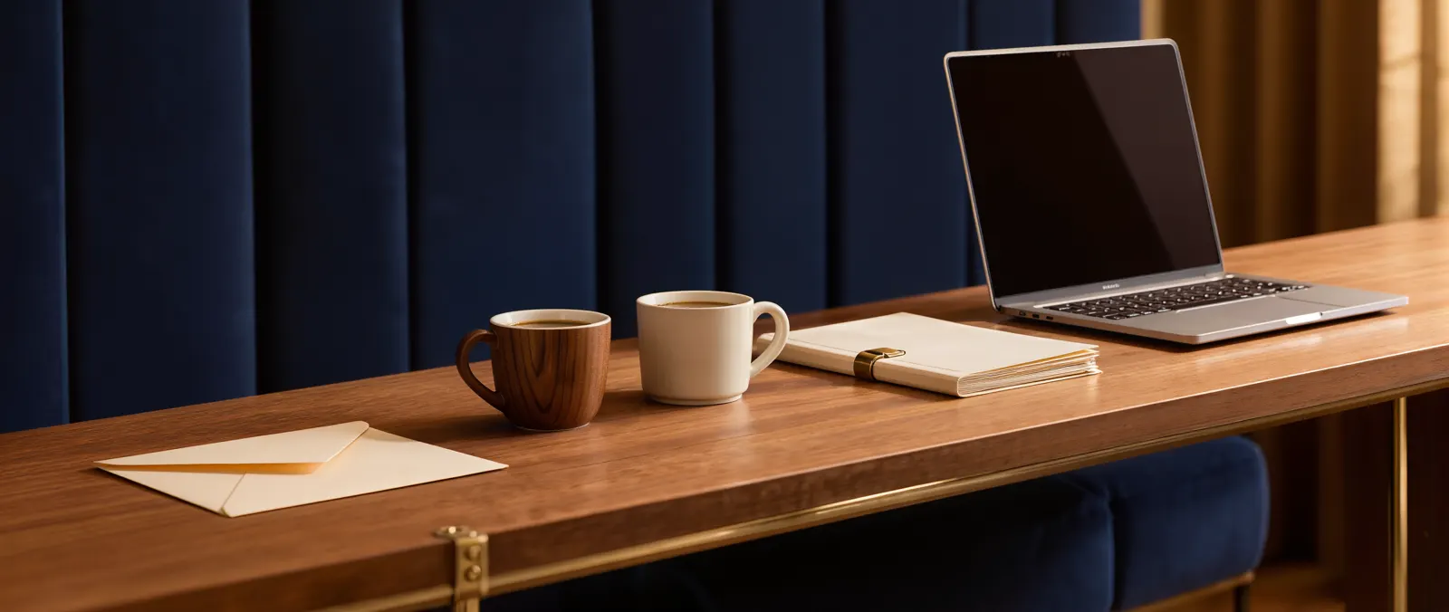Langer Holztisch mit Briefumschlag, zwei Tassen, Mappe und Laptop